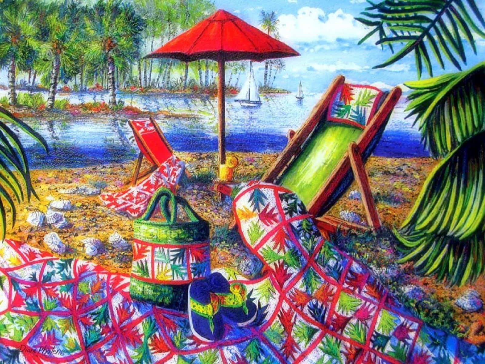 Beach Bag 桌布 壁紙 — 晴朗天空下，設有紅色遮陽傘沙灘椅，椅面印有棕櫚葉圖案的熱帶沙灘場景。