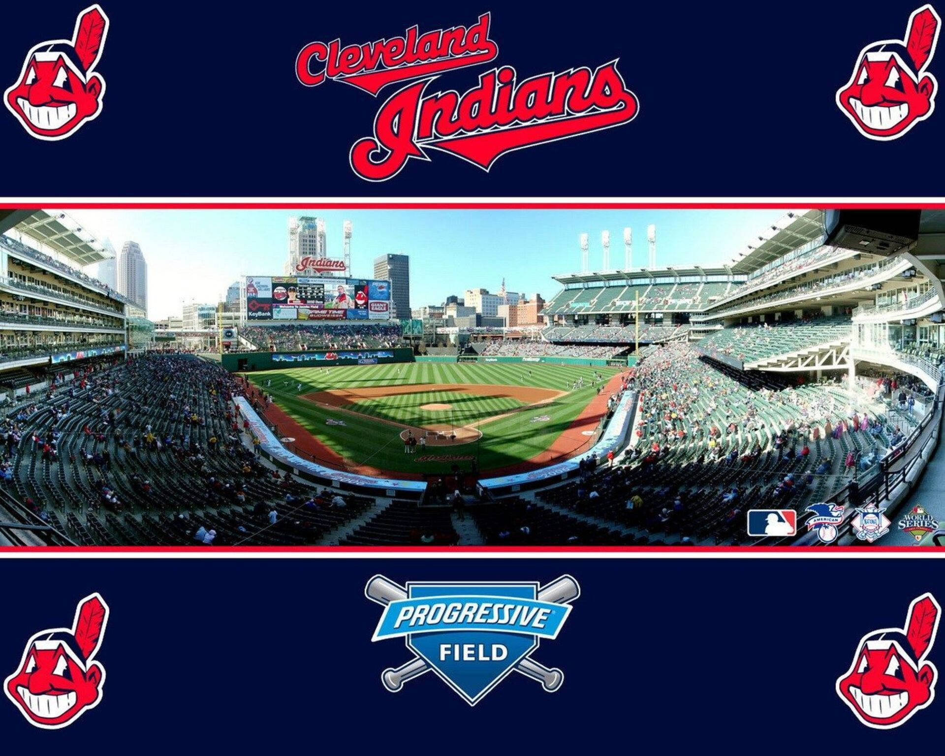 Cleveland Indians 桌布 壁紙 — 晴朗日天下，克里夫蘭印地安人棒球場全景，場內坐滿球迷。