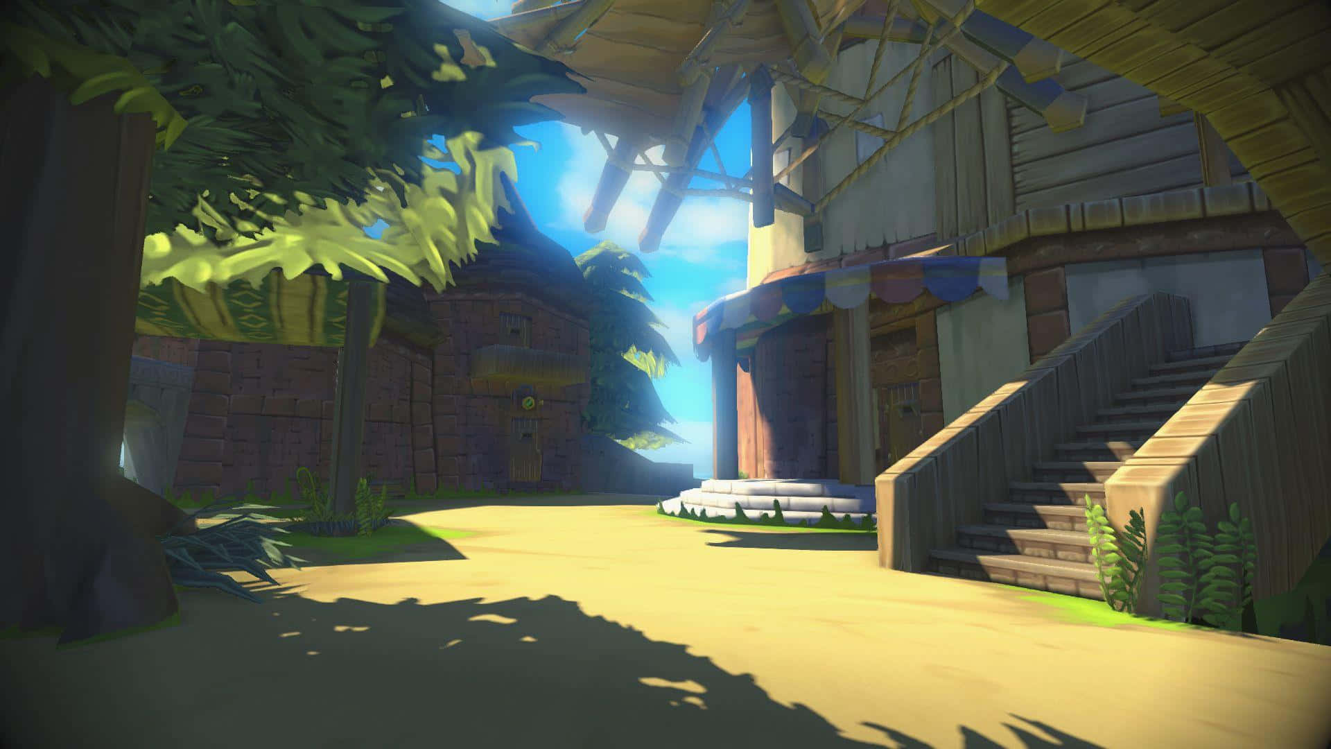 The Legend Of Zelda The Wind Waker 桌布 壁紙 — 晴朗明亮的庭院，木造建築與茂密綠植，映襯著清澈的藍天。