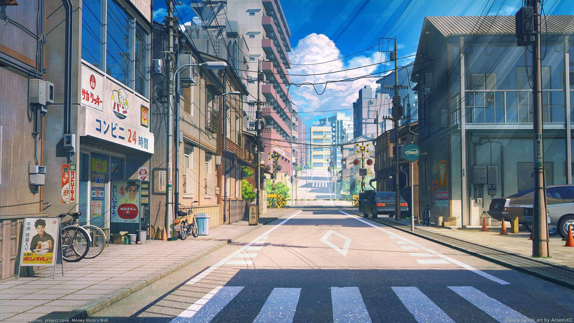 日本 桌布 壁紙 — 晴朗的一天，在一條寧靜的日本街道上，有色彩繽紛的建築物、一間24小時營業的便利商店，以及一條通往遠方的斑馬線。