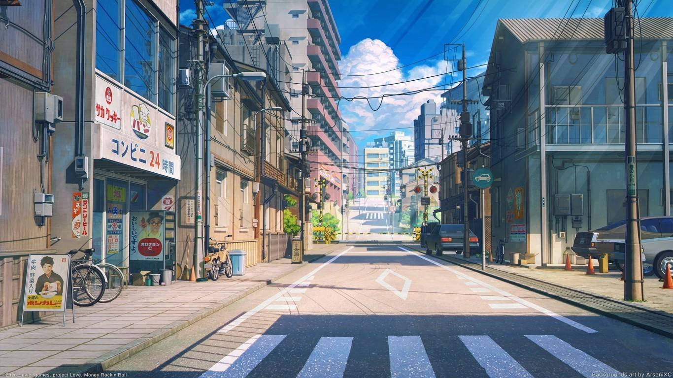唯美動漫筆電 桌布 壁紙 — 晴朗的一天，在寧靜的日本城市街道上，有一間24小時營業的便利商店和停泊的汽車，藍天白雲。