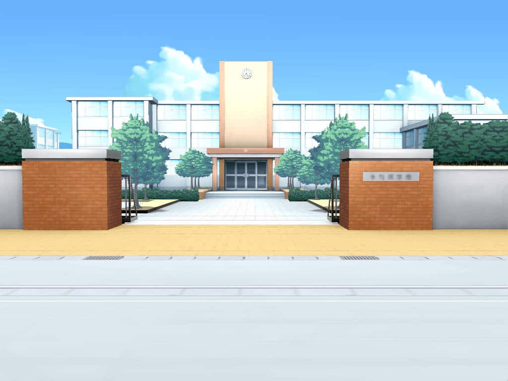 動漫 桌布 壁紙 — 晴朗藍天下，一座明亮的動畫風格學校建築，中央有鐘樓和磚門。