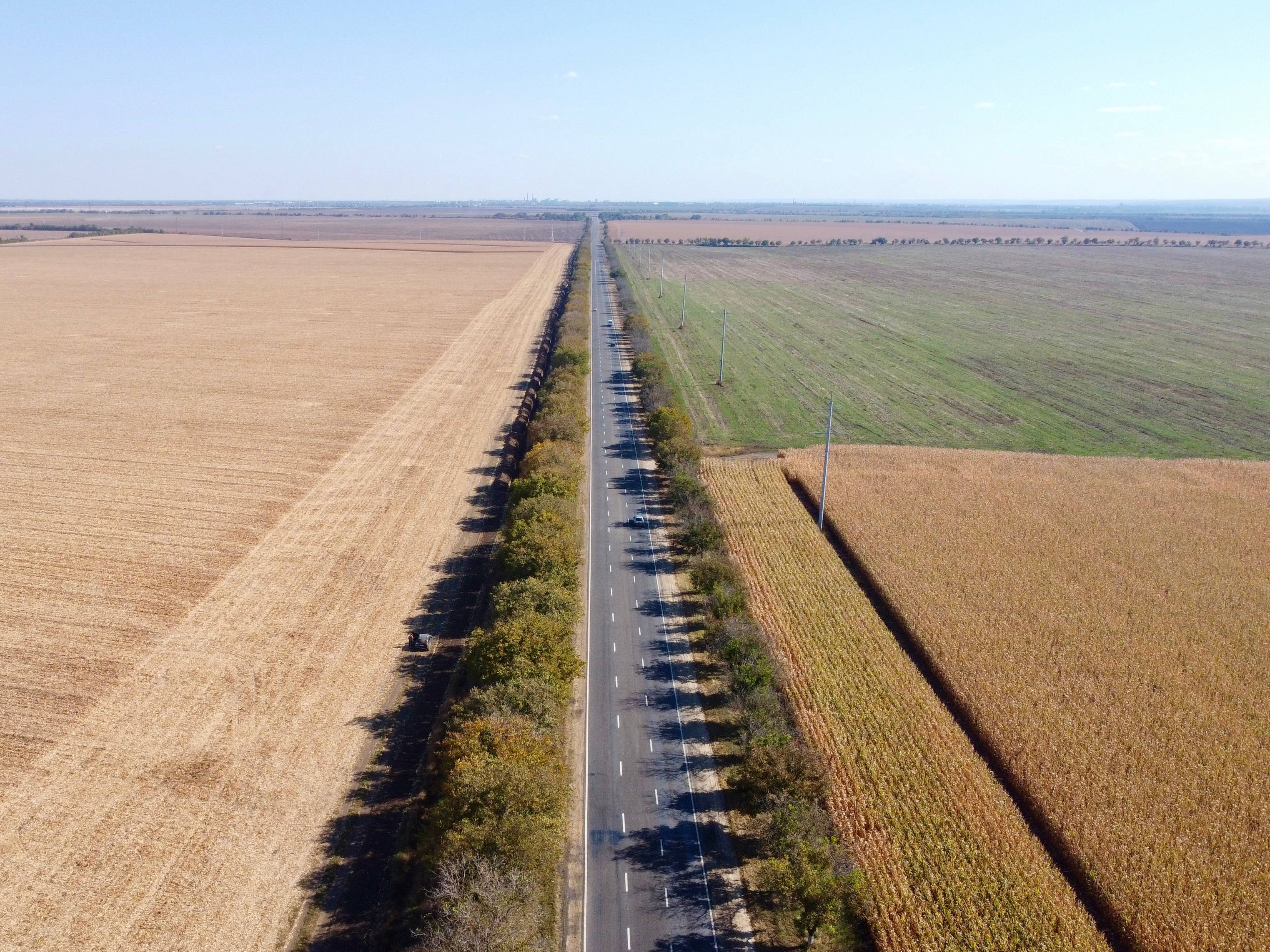 Moldova 桌布 壁紙 — 晴朗藍天下，一條筆直道路兩旁是金色和綠色的農田的鳥瞰圖。