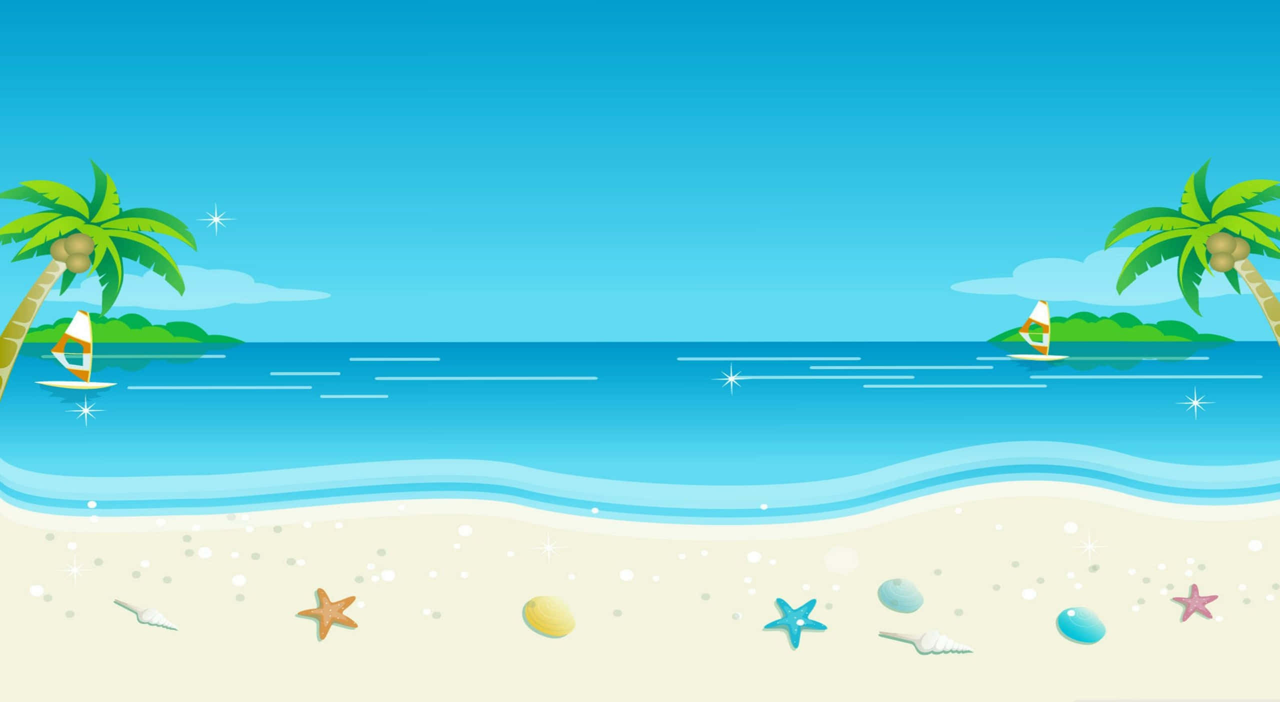 Cute Beach 桌布 壁紙 — 晴朗藍天下，棕櫚樹、帆船和海星組成的明亮卡通海灘場景。