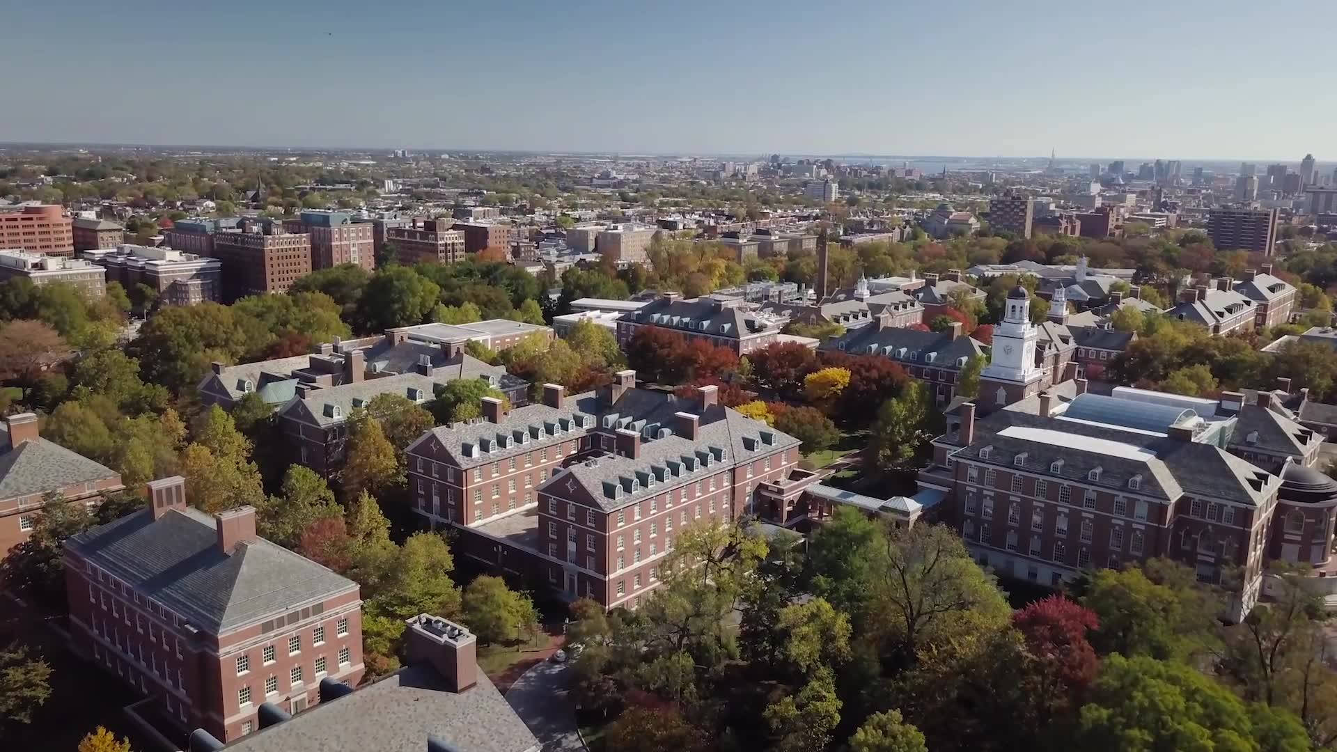 Building 桌布 壁紙 — 晴朗藍天下，歷史悠久的磚造大學建築群被色彩繽紛的秋樹環繞的鳥瞰圖。