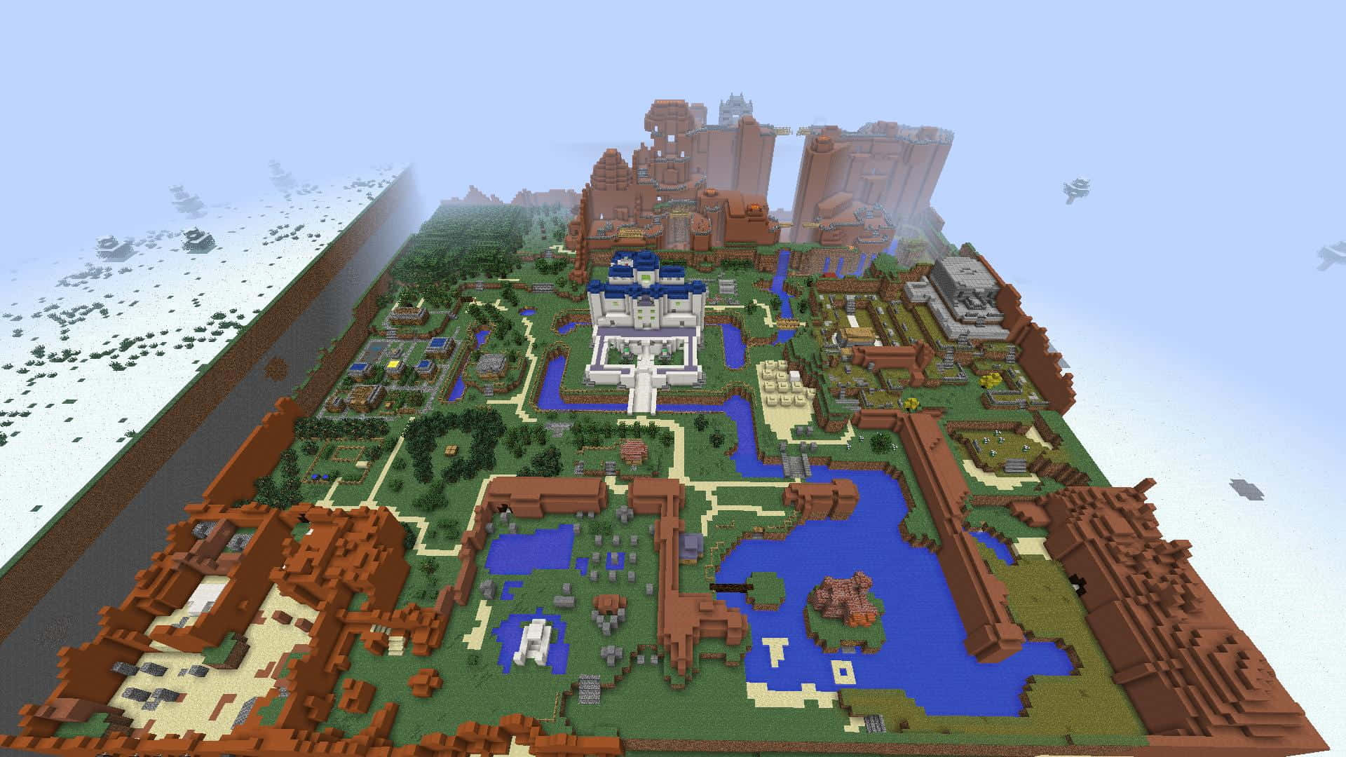 Minecraft Adventure 桌布 壁紙 — 晴朗藍天下，河流、綠地與紅磚建築組成的廣闊Minecraft城堡建築群的鳥瞰圖。