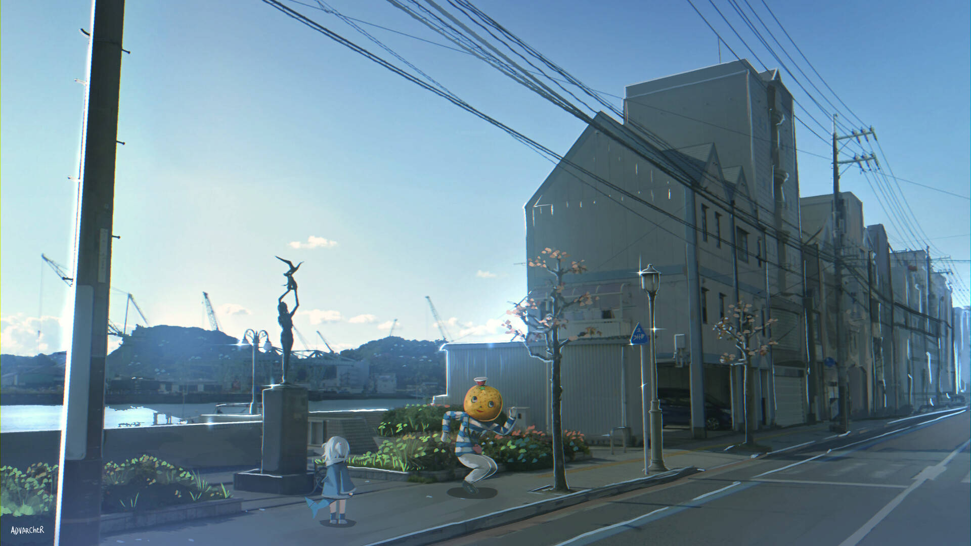 動漫 桌布 壁紙 — 晴朗藍天下，港口旁雕像附近，一個女孩和一個黃頭角色構成的寧靜動漫街景。