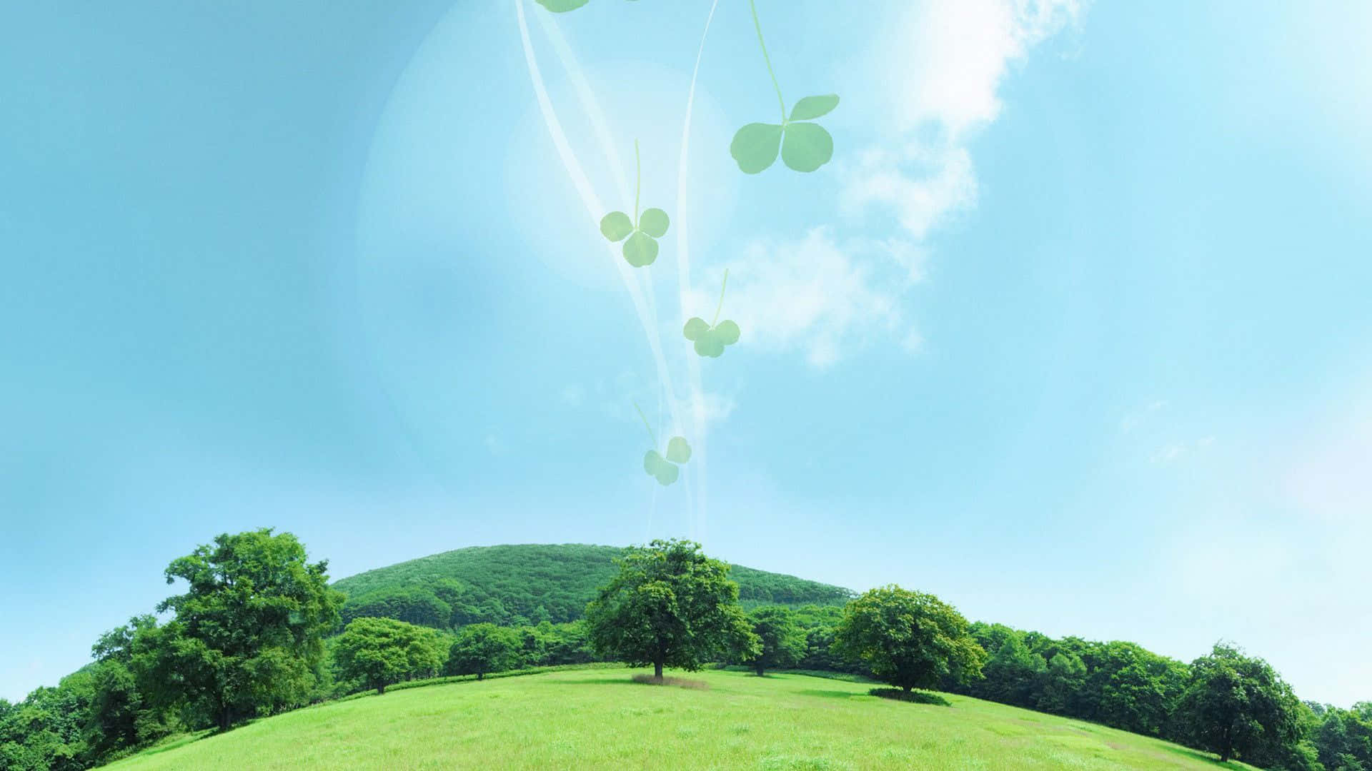 environment 桌布 壁紙 — 晴朗陽光的日子，翠綠的山丘和樹木在清澈的藍天下，飄浮著三葉草葉。