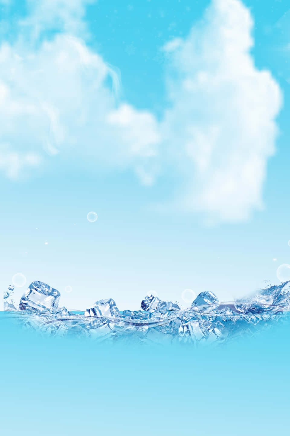 Icy 桌布 壁紙 — 晶瑩剔透的冰塊漂浮在清涼的藍色水中，天空明亮，白雲蓬鬆。