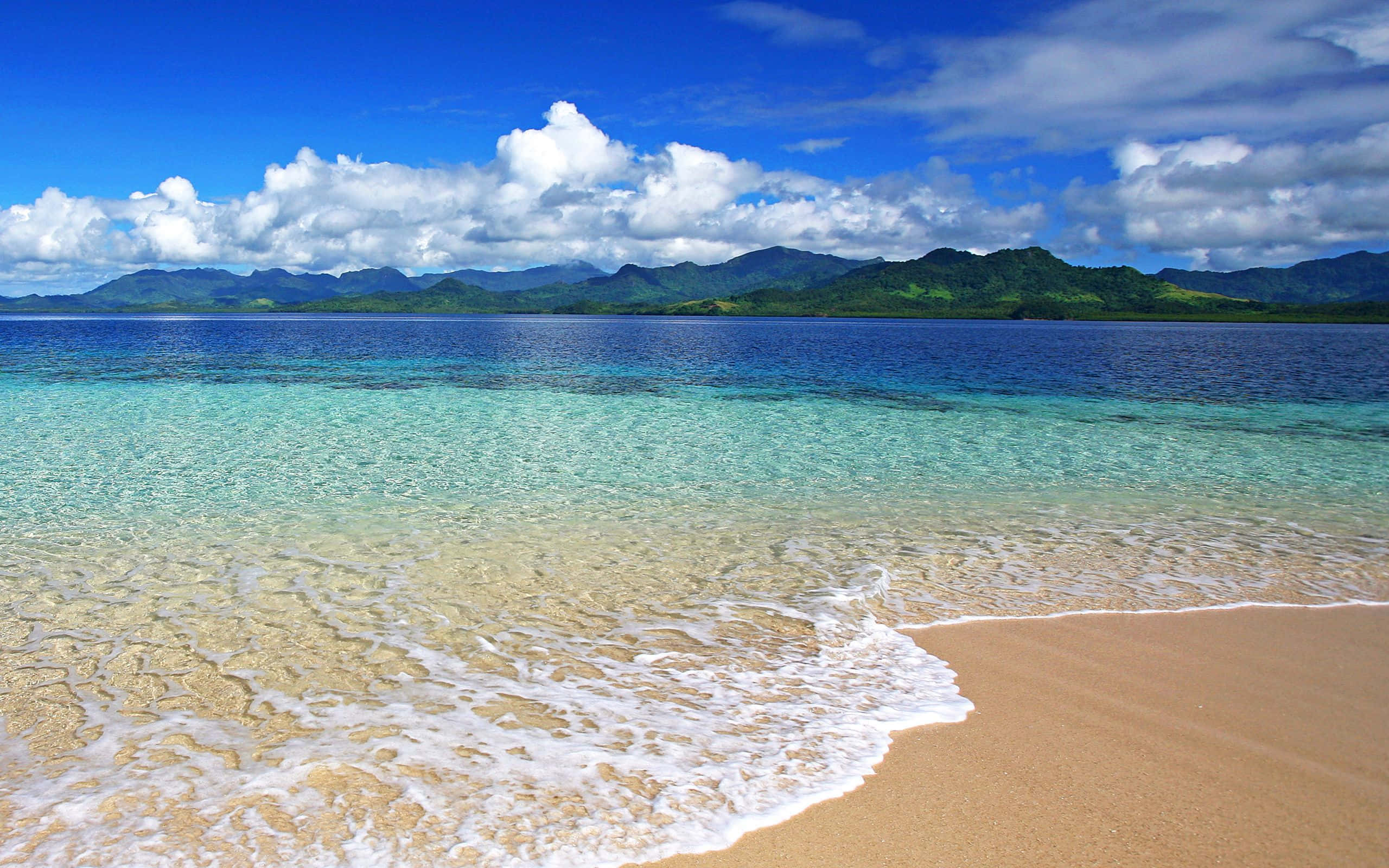 Fiji Beach 桌布 壁紙 — 晶瑩剔透的碧綠海浪輕輕拍打著金色沙灘，天空湛藍，白雲朵朵。