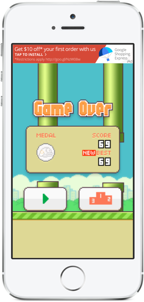 Flappy Bird 桌布 壁紙 — 智慧型手機上顯示的像素藝術遊戲結束畫面，包含分數獎牌和重新開始按鈕，以及 Google Shopping Express 廣告橫幅。
