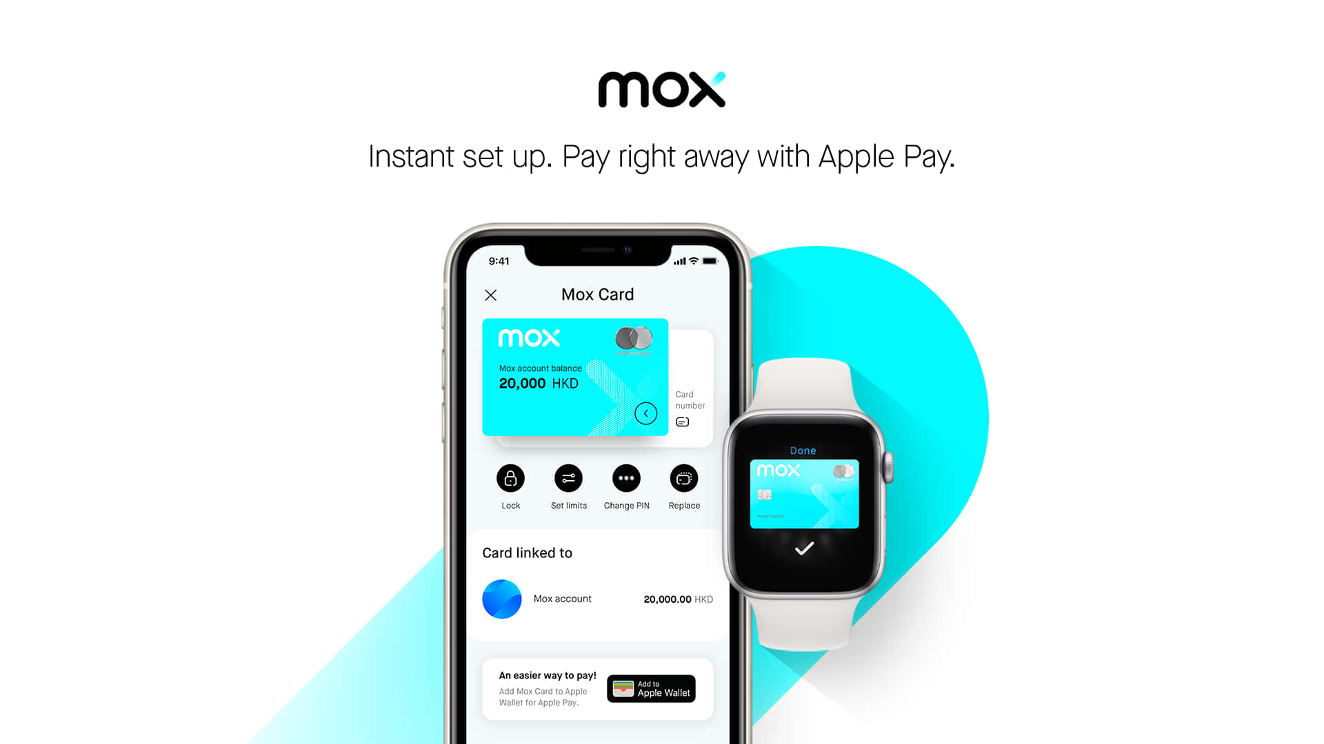 Smartphone 桌布 壁紙 — 智慧型手機和智慧手錶顯示 Mox Card 應用程式，餘額為 20000 HKD，準備好使用 Apple Pay 付款。