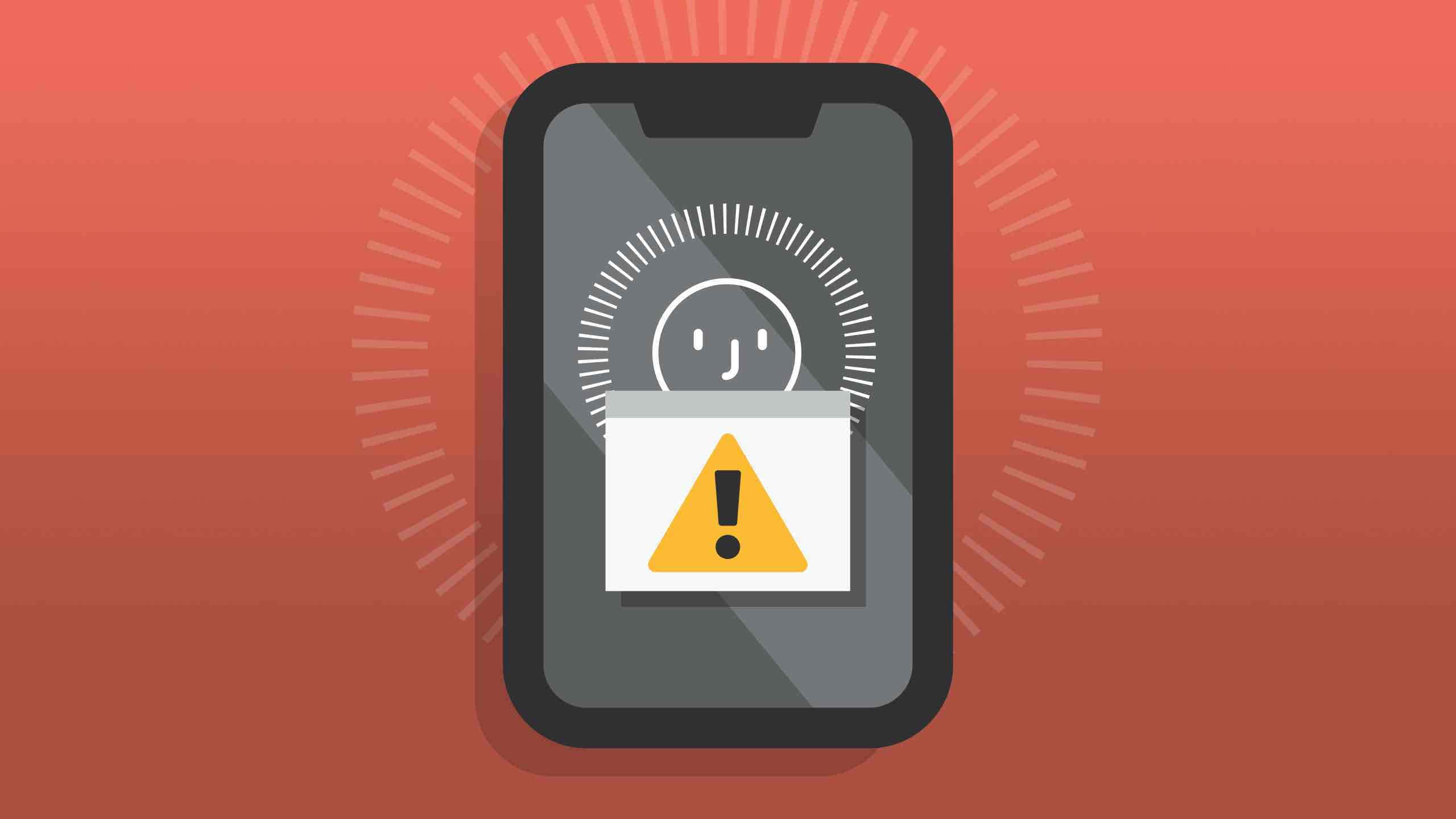 Face Id 桌布 壁紙 — 智慧型手機在溫暖的漸層背景上顯示一個笑臉上帶有警告圖示和載入圓圈。