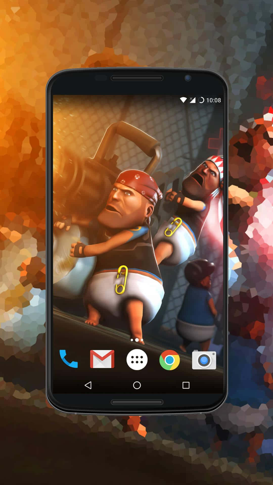 Pixel 3xl 桌布 壁紙 — 智慧型手機在色彩繽紛的像素背景前顯示動畫角色，場景粗糙。