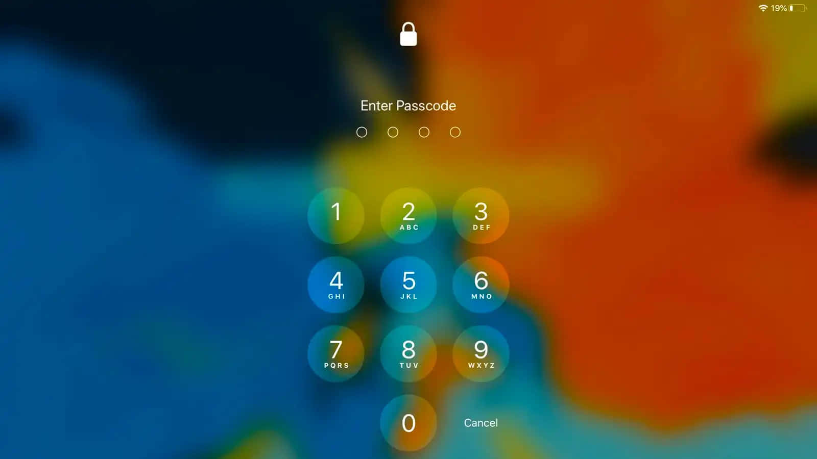 Tricky Lock Screen 桌布 壁紙 — 智慧型手機密碼畫面，帶有藍色、橙色和黃色的鮮豔抽象漸變背景。