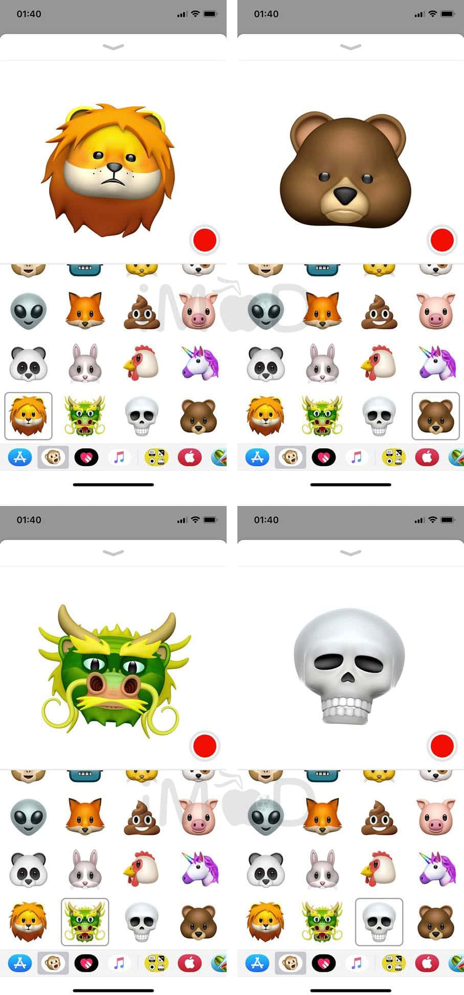 Animojis 桌布 壁紙 — 智慧型手機螢幕上顯示的 iOS 表情符號網格，包括獅子、熊、龍、骷髏頭和各種動物。