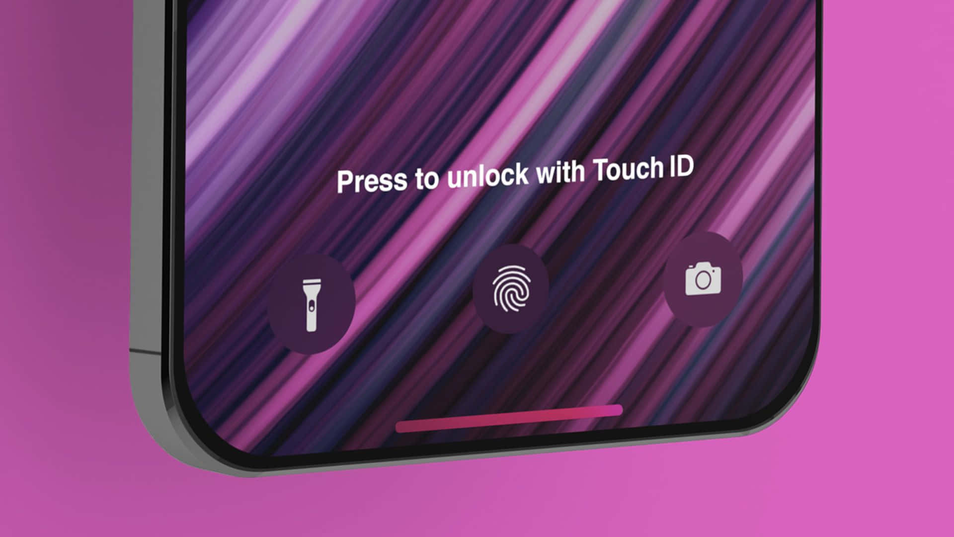 Touch Id 桌布 壁紙 — 智慧型手機螢幕特寫，顯示充滿活力的紫色對角線條紋桌布，附有Touch ID解鎖提示和圖示。