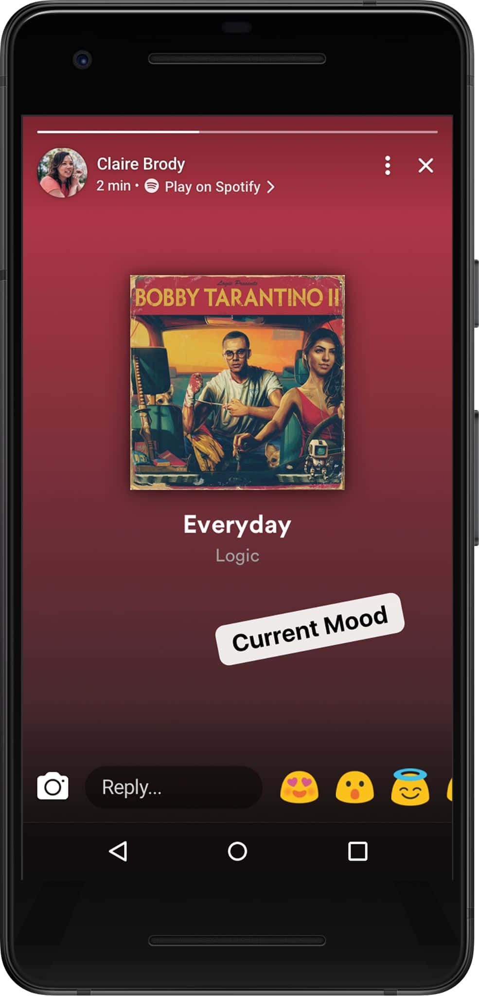song 桌布 壁紙 — 智慧型手機螢幕顯示 Spotify 音樂應用程式，展示 Logic 的歌曲 Everyday 及 Bobby Tarantino II 專輯封面。