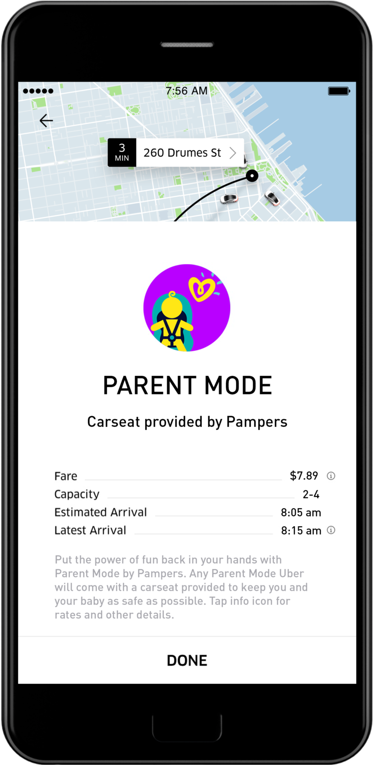 Google Ads 桌布 壁紙 — 智慧型手機螢幕顯示Uber的家長模式功能，帶有Pampers汽車座椅圖示和前往260 Drumes St.的路線。