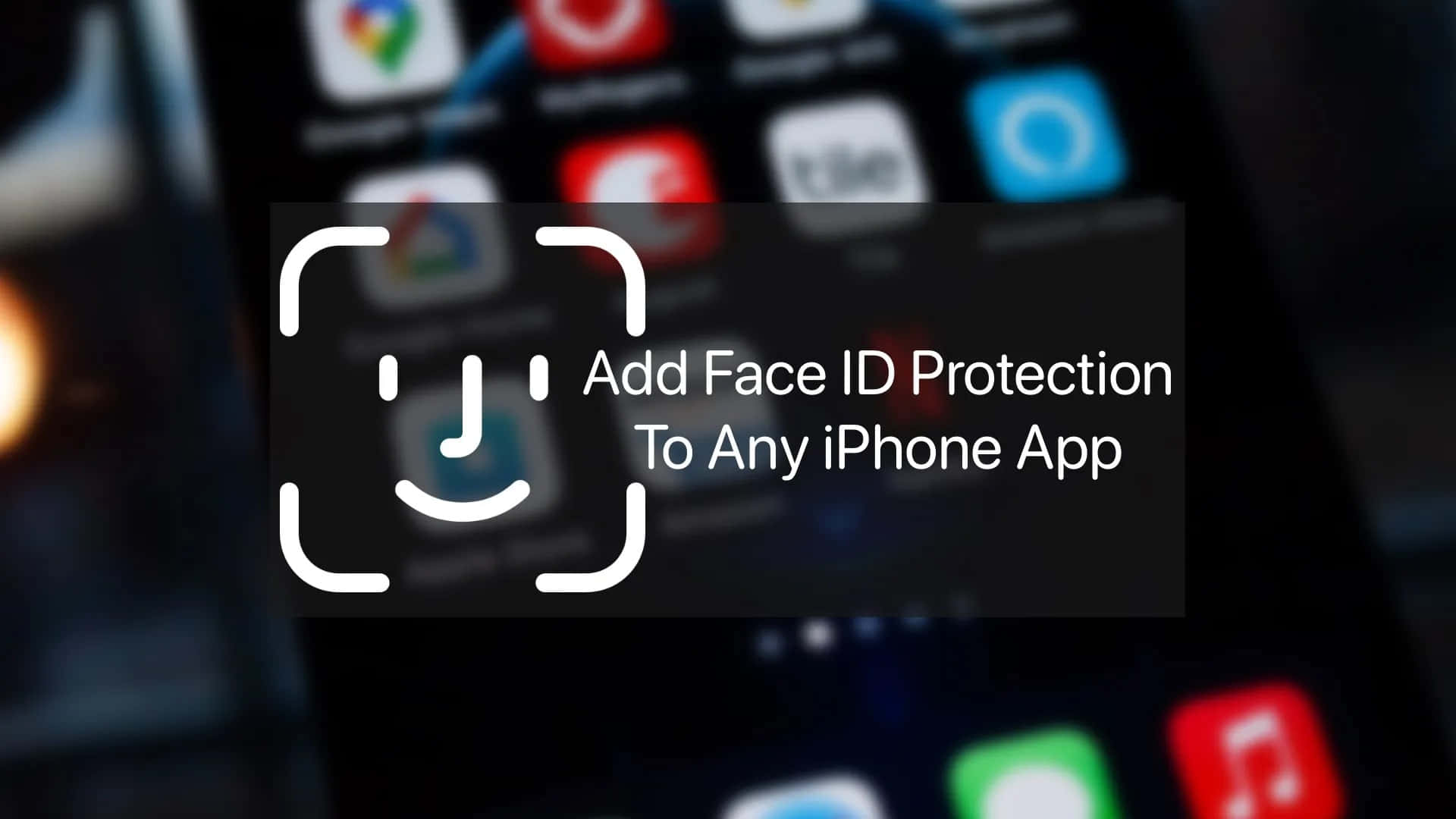 Face Id 桌布 壁紙 — 智慧型手機螢幕顯示一個 Face ID 提示，覆蓋在應用程式圖示上，並附有文字指示為任何 iPhone 應用程式添加 Face ID 保護。