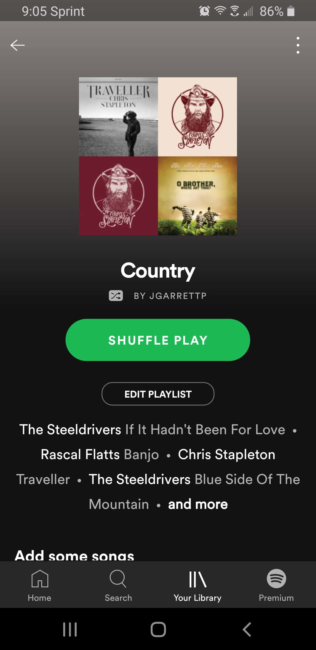 song 桌布 壁紙 — 智慧型手機螢幕顯示一個Spotify鄉村音樂播放列表，包含專輯封面和一個綠色的隨機播放按鈕。
