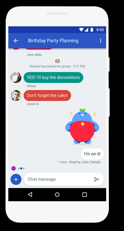 Smart Phone 桌布 壁紙 — 智慧型手機螢幕顯示一個名為「生日派對策劃」的群組聊天，內容包括購買裝飾品和蛋糕的訊息，以及一個藍色卡通角色貼紙。