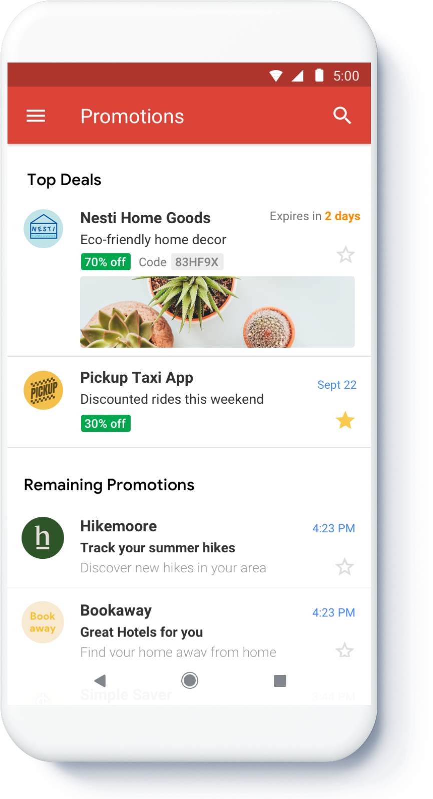 Gmail 動圖 桌布 壁紙 — 智慧型手機螢幕顯示一個推廣應用程式，提供家居裝飾、計程車、遠足和飯店優惠，背景為深藍色漸層。