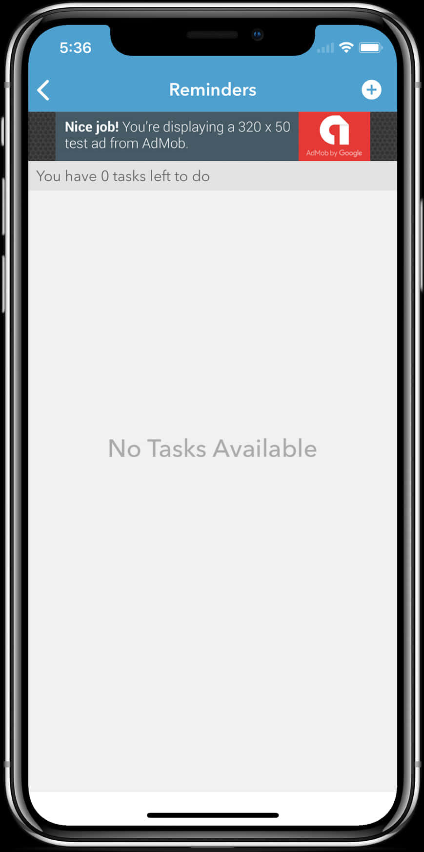 Smart Phone 桌布 壁紙 — 智慧型手機螢幕顯示一個沒有任務的提醒應用程式，頂部有一個 AdMob 測試廣告橫幅。