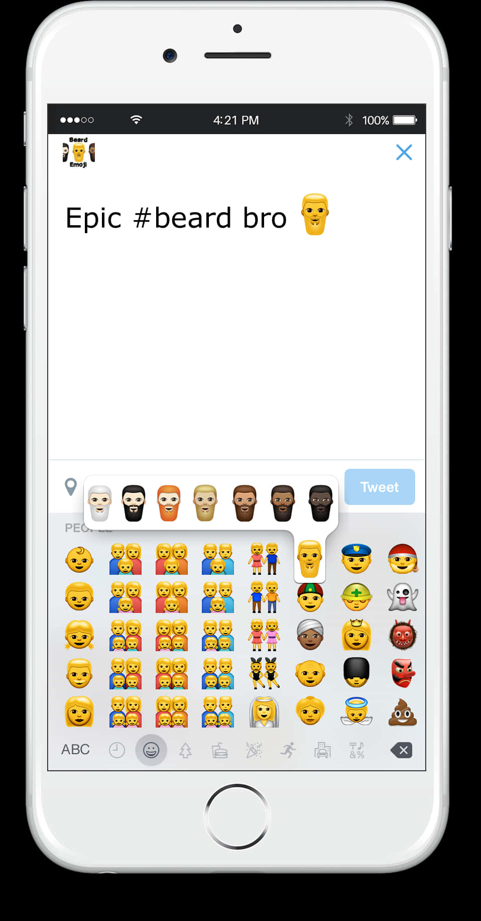 安卓手機 桌布 壁紙 — 智慧型手機螢幕顯示一條帶有「Epic #beard bro」和鬍鬚表情符號的推文草稿，上方有一個顯示各種面部毛髮選項的表情符號鍵盤。