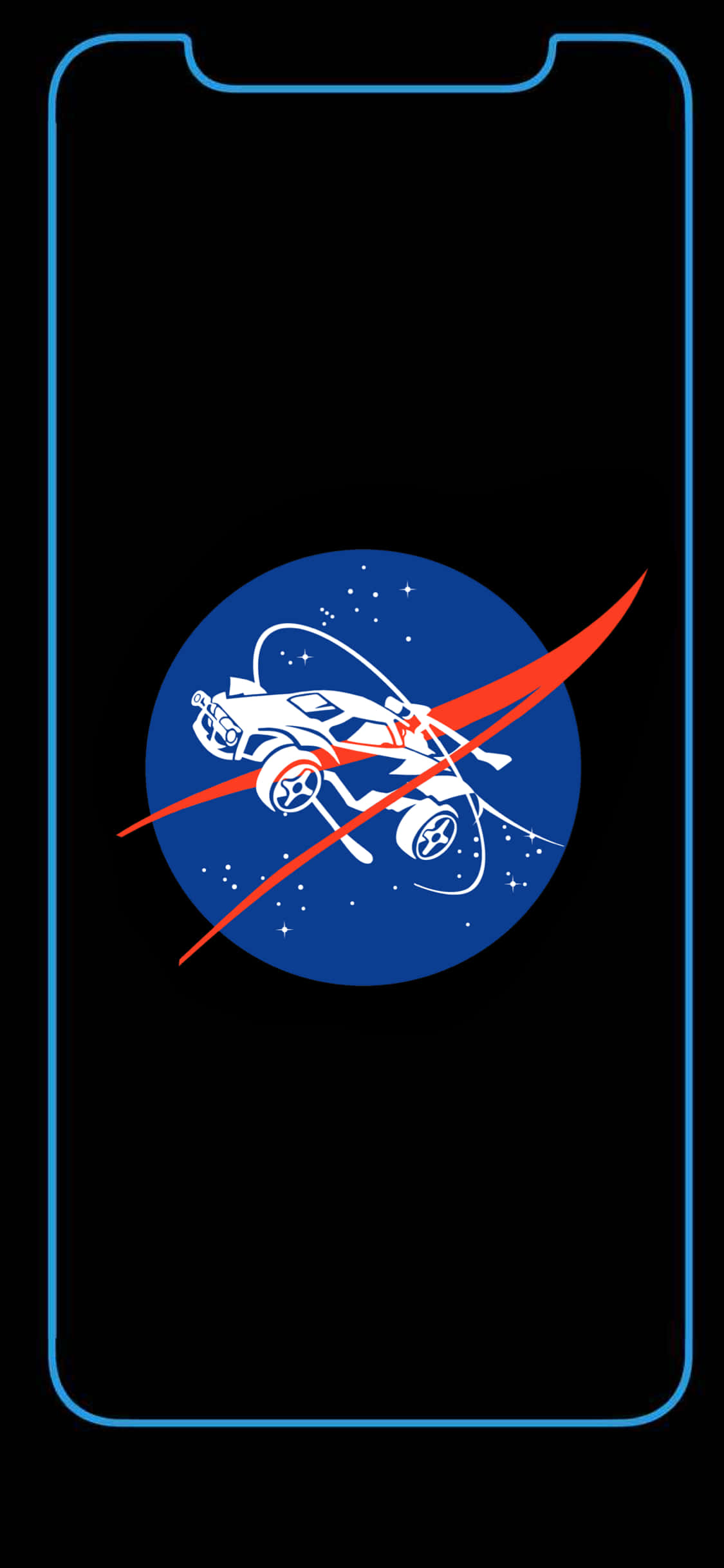 Pixel 3 Rocket League 桌布 壁紙 — 智慧型手機螢幕顯示標誌性的NASA標誌，白色太空船和紅色弧線在藍色星環內，背景為黑色。