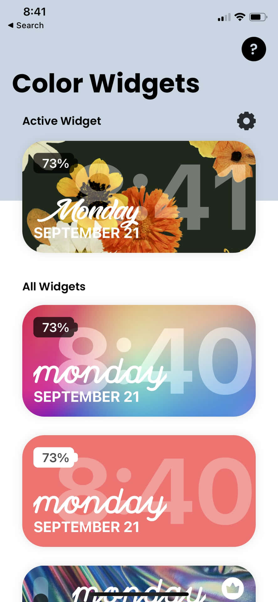 手機螢幕顯示色彩繽紛的小工具，顯示時間、日期和電池百分比。 — iOS 14 GIF 壁紙