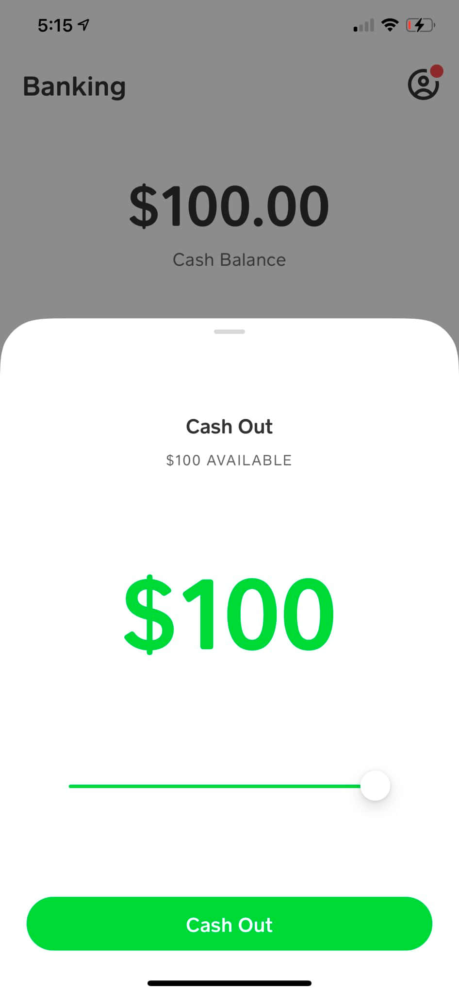 Cash App Balance 桌布 壁紙 — 智慧型手機銀行應用程式畫面顯示$100提款選項，附有綠色滑塊和按鈕。