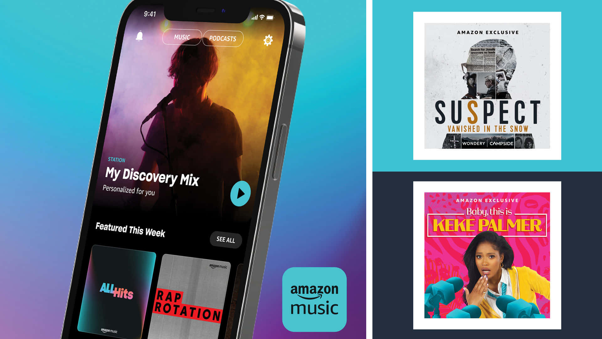 音樂 桌布 壁紙 — 智慧型手機顯示 Amazon Music 的個人化發現混音，專輯封面包括 'Suspect' 和 Keke Palmer，背景為漸變藍色。