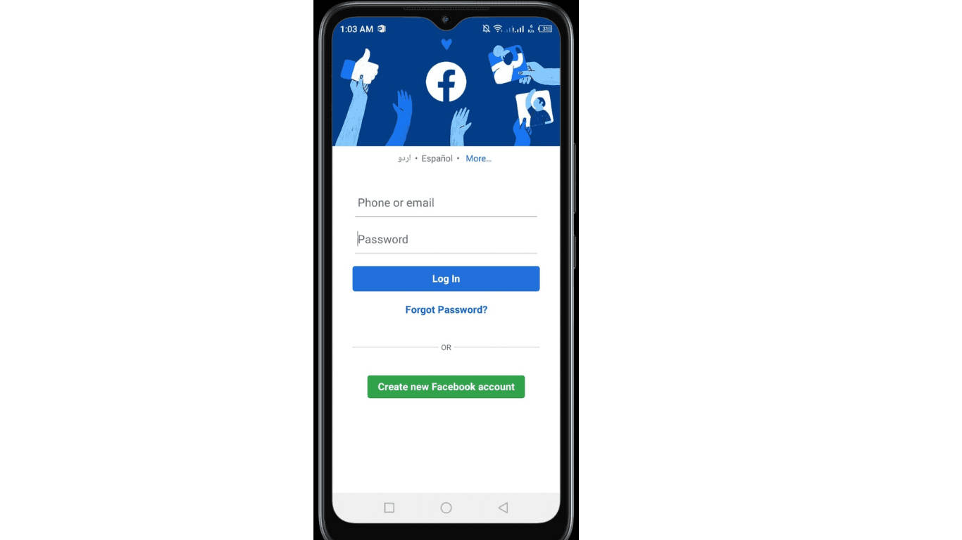 Facebook Login 桌布 壁紙 — 智慧型手機顯示Facebook登入畫面，藍色標題圖示和白色輸入欄位在深色背景上。