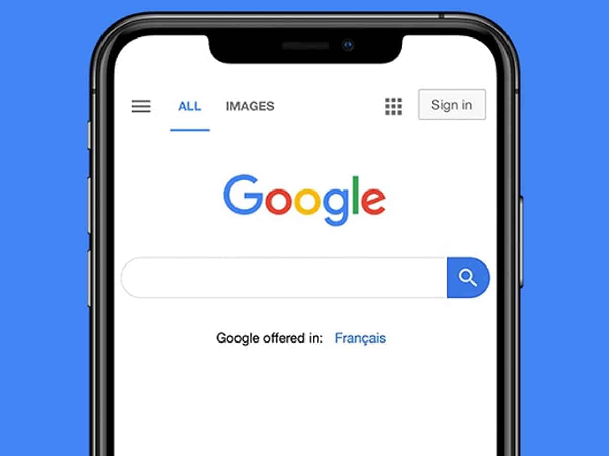 智慧型手機顯示Google搜尋首頁，藍色背景。 — Google Meet 壁紙