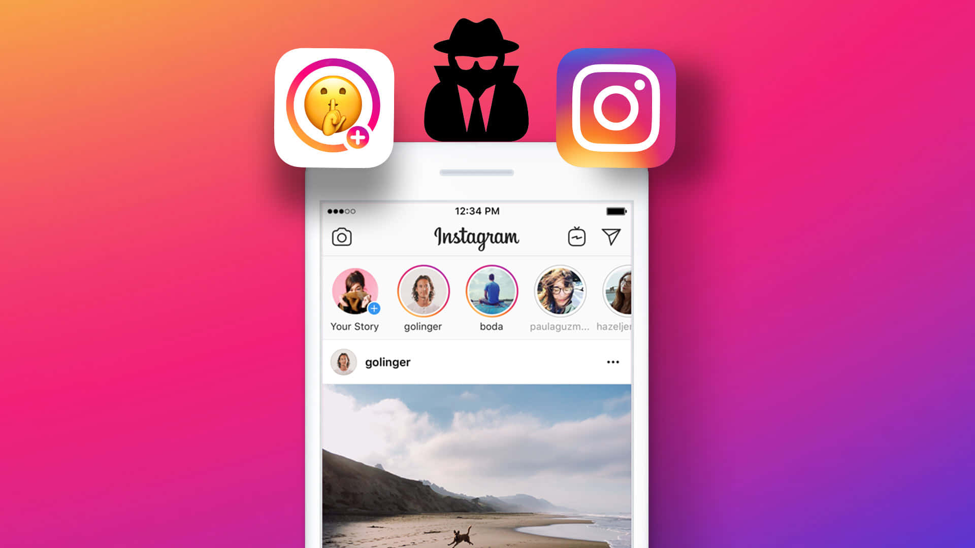Instagram 桌布 壁紙 — 智慧型手機顯示Instagram，帶有海灘場景和浮動應用程式圖標，背景為鮮豔的漸變色。