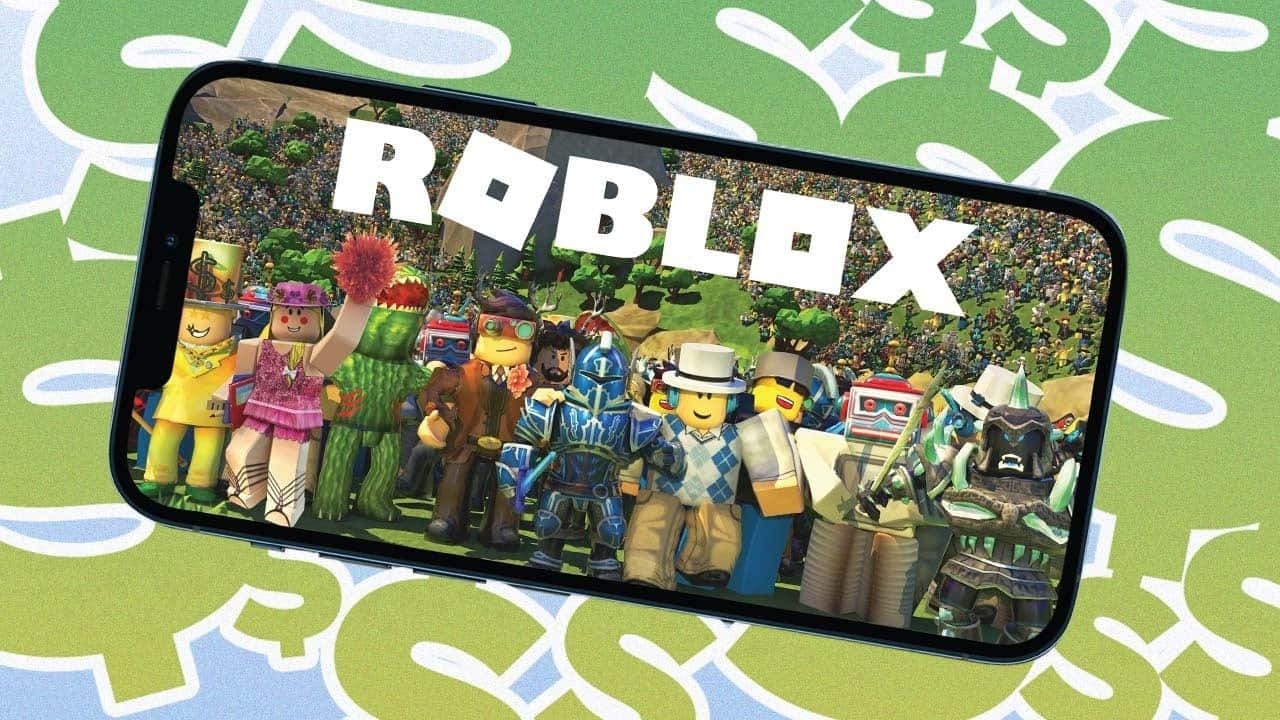 Roblox 桌布 壁紙 — 智慧型手機顯示一個充滿活力的 Roblox 遊戲場景，各種方塊形狀的頭像在綠色塗鴉背景前擺姿勢。