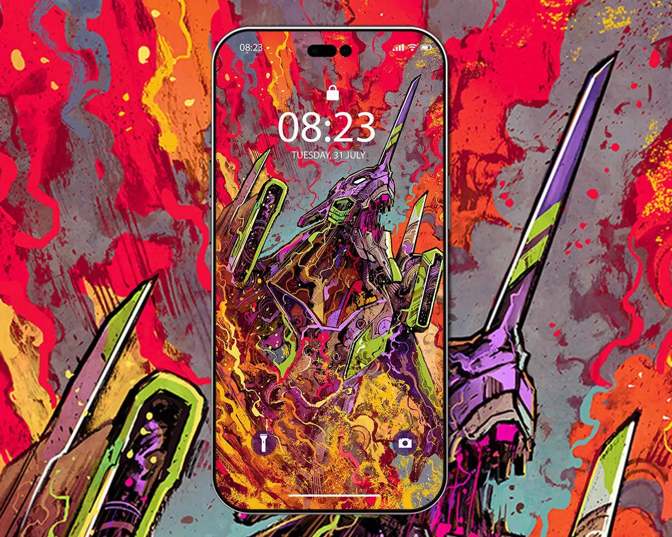 Evangelion Phone 桌布 壁紙 — 智慧型手機顯示一個充滿活力的動漫風格機甲戰鬥場景，背景是火熱的抽象圖案。