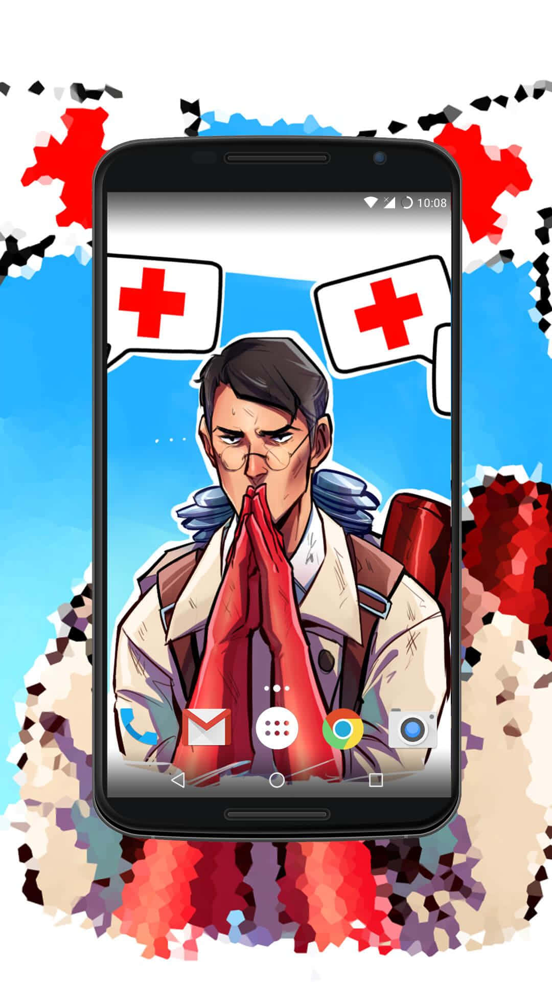 Pixel 3xl 桌布 壁紙 — 智慧型手機顯示一個卡通士兵在祈禱姿勢，紅色十字架漂浮在上方，背景為風格化的撕裂背景。