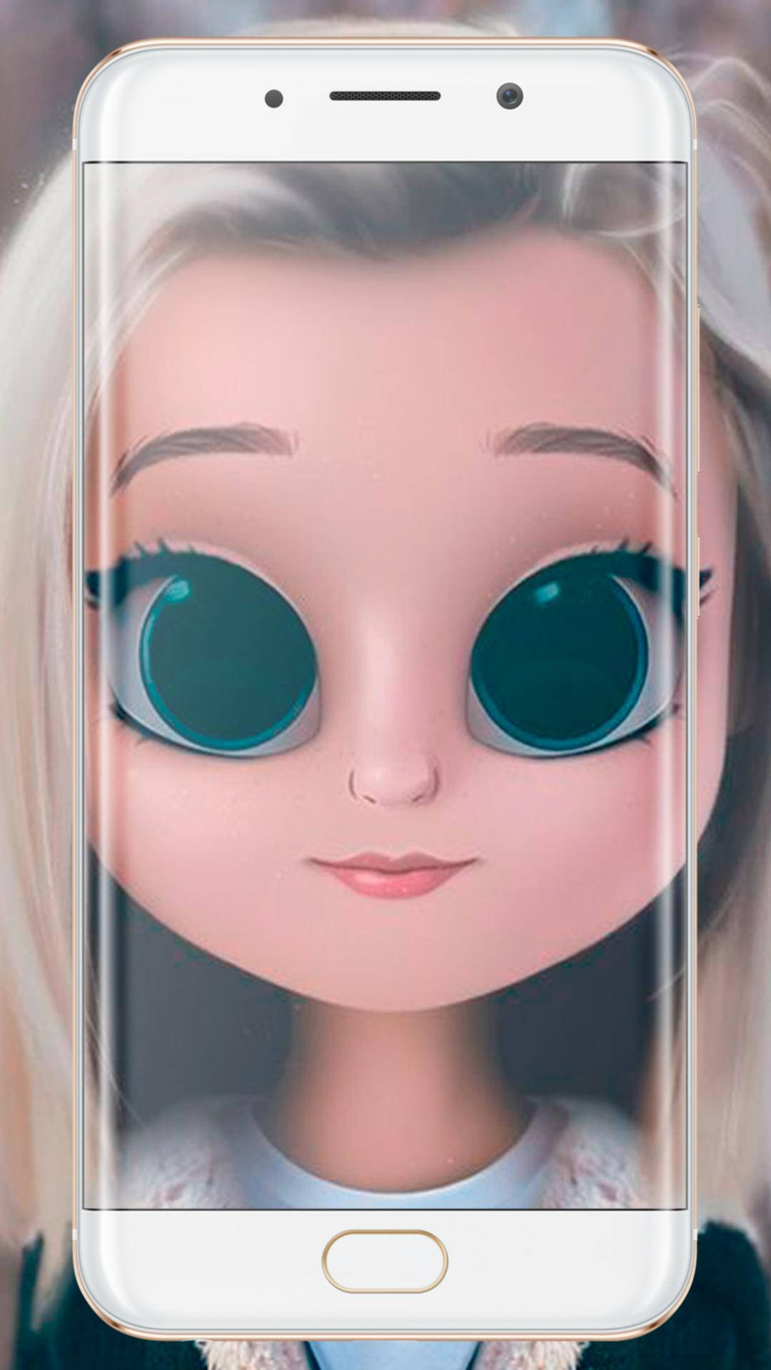 Dollify 桌布 壁紙 — 智慧型手機顯示一個卡通女孩，擁有超大的青綠色眼睛和金色頭髮，背景柔和模糊。