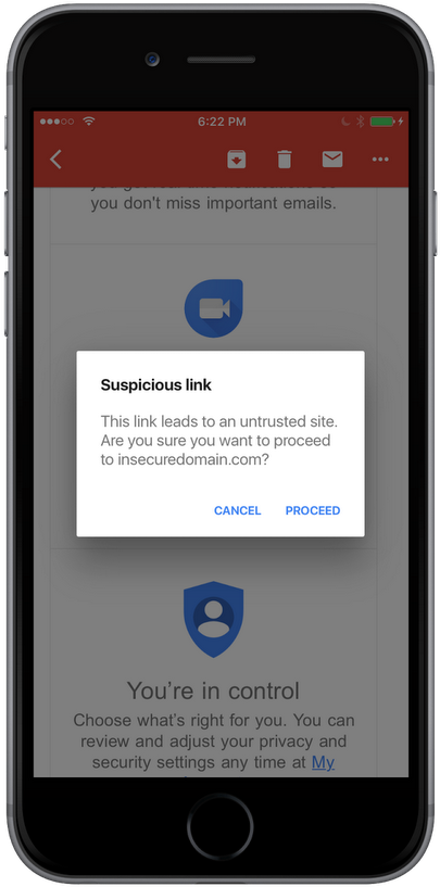 Gmail 動圖 桌布 壁紙 — 智慧型手機顯示一個安全警告彈出視窗，詢問使用者是否要繼續前往不可信賴的網站。