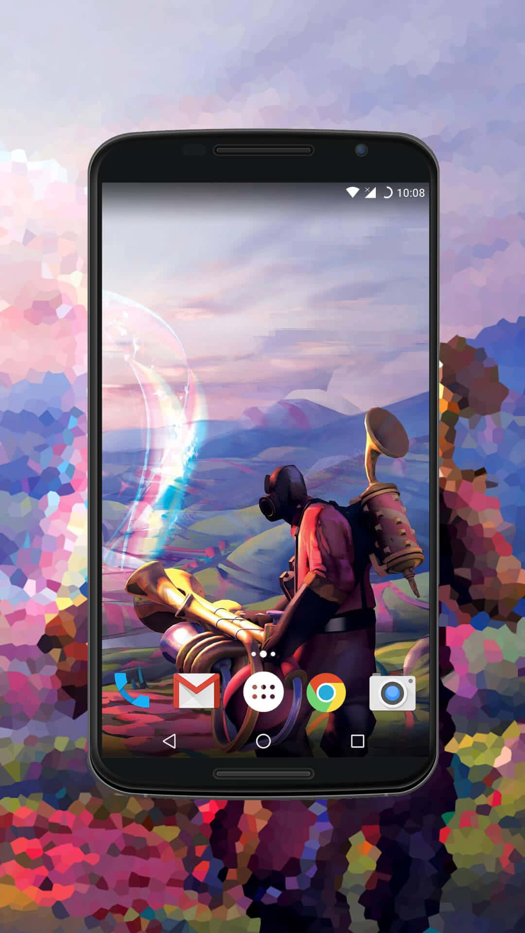 Pixel 3xl 桌布 壁紙 — 智慧型手機顯示一個色彩繽紛的像素化桌布，描繪一位音樂家拿著號角，背景是山脈日落天空。