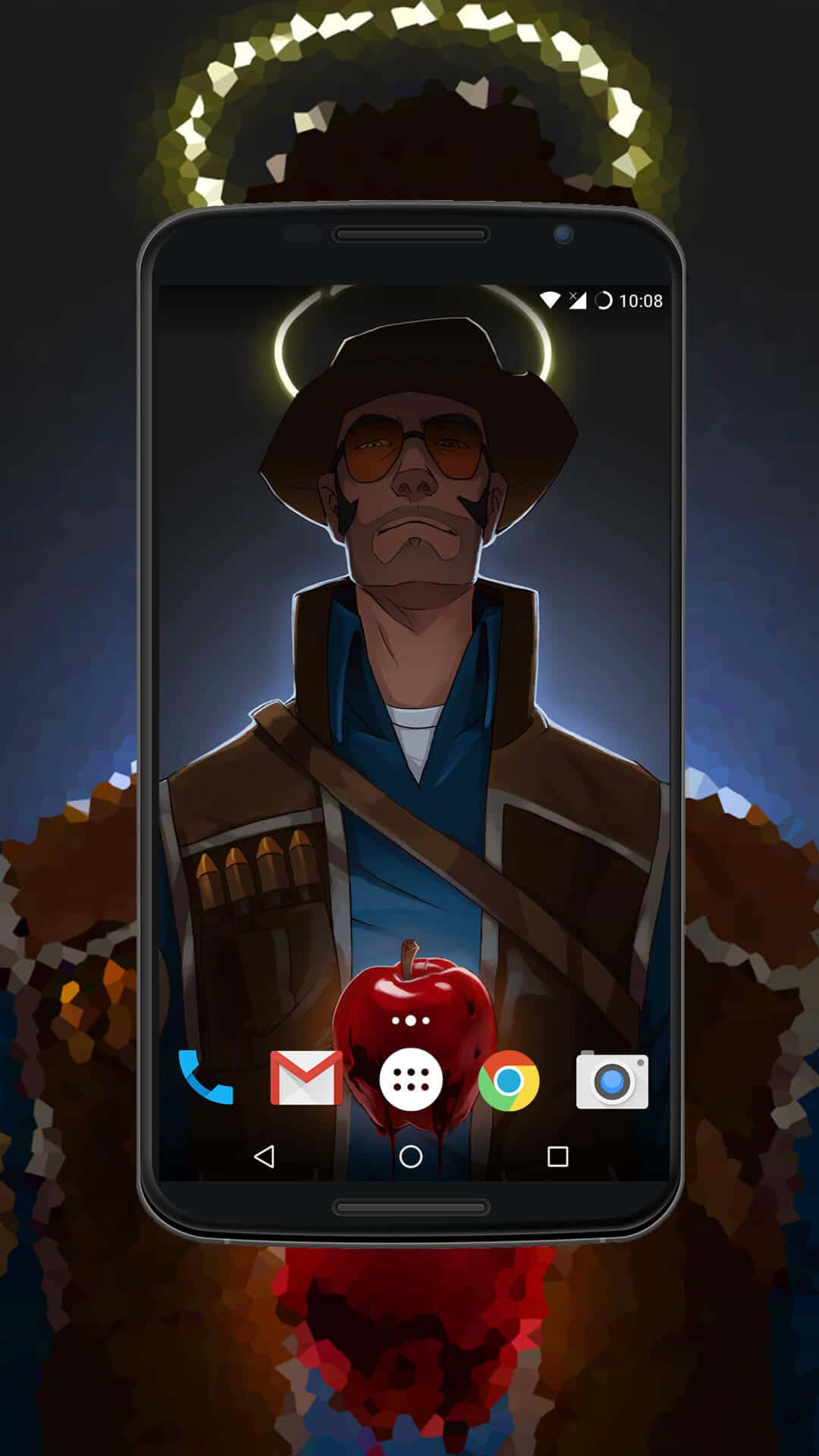 Pixel 3xl 桌布 壁紙 — 智慧型手機顯示一個風格化的動畫牛仔，帶有光環和太陽眼鏡作為桌布，周圍是破碎、色彩繽紛的背景。
