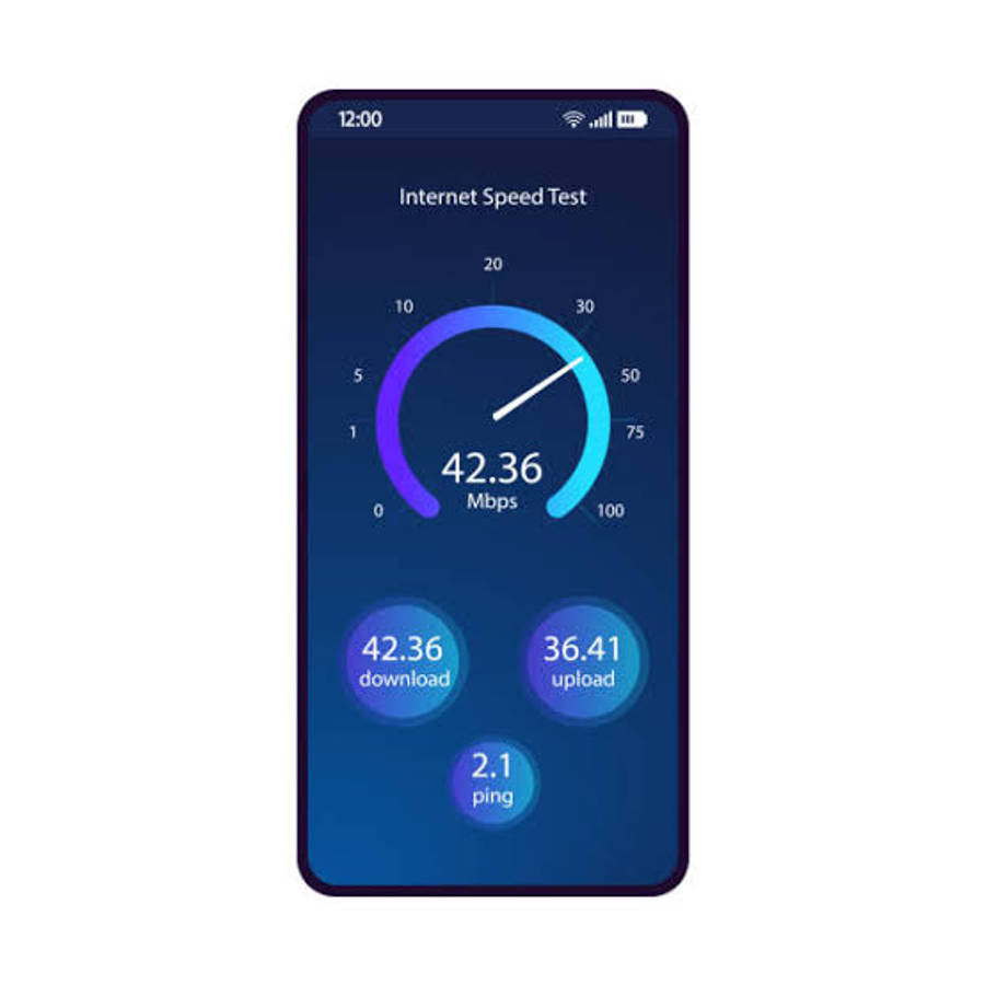 fast 桌布 壁紙 — 智慧型手機顯示一個鮮豔的藍色網際網路速度測試，顯示下載42.36 Mbps和上傳36.41 Mbps。
