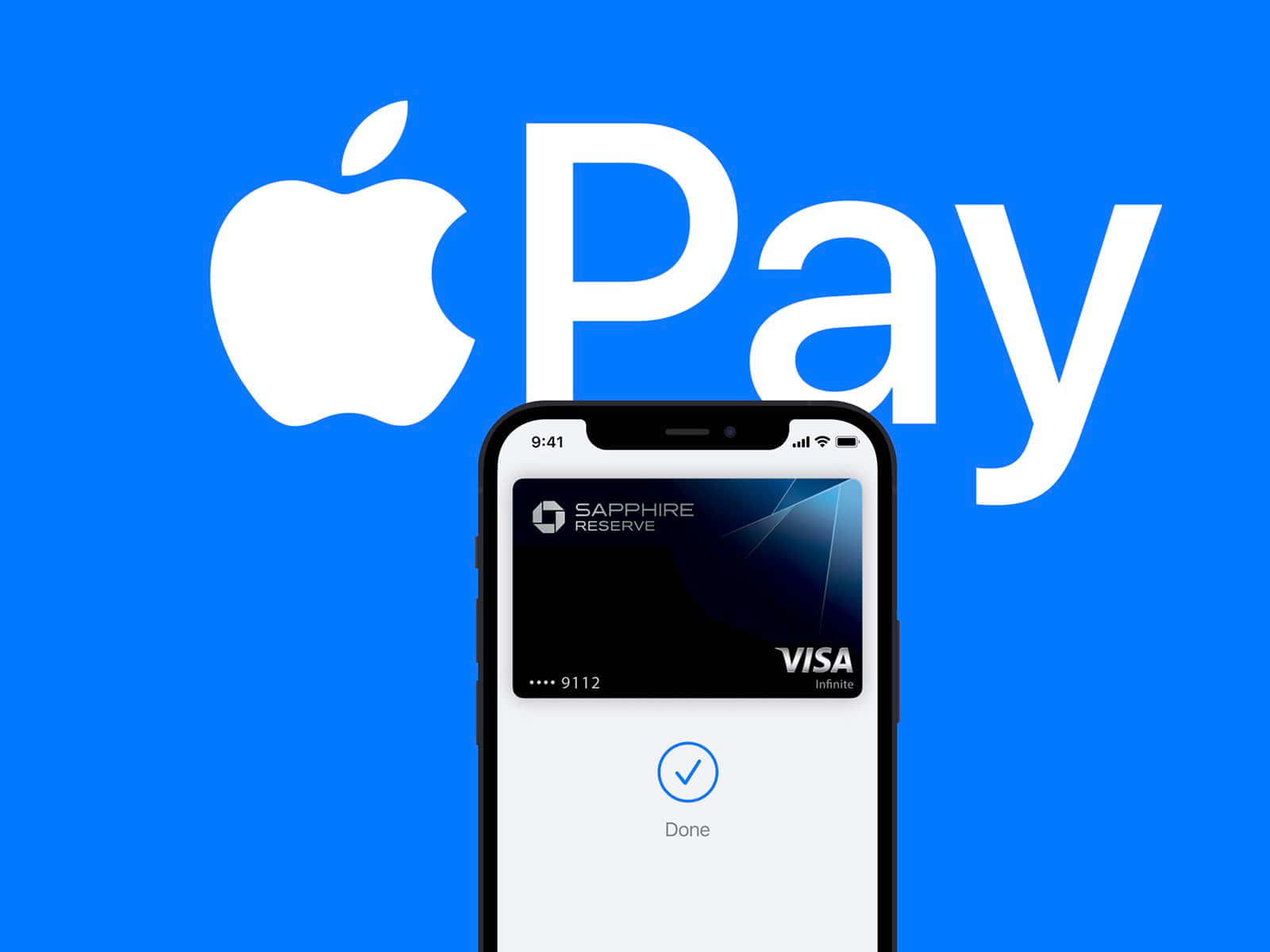 藍色 桌布 壁紙 — 智慧型手機顯示一筆完成的Apple Pay交易，使用Sapphire Reserve Visa卡，背景為大膽的藍色並帶有Apple Pay標誌。