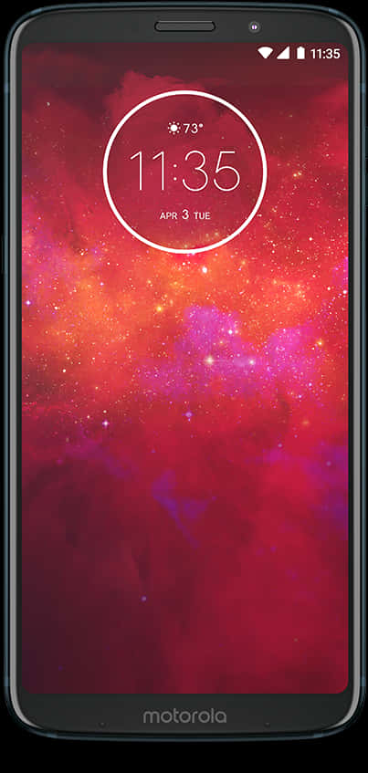 Smart Phone 桌布 壁紙 — 智慧型手機顯示充滿活力的紅色和紫色宇宙桌布，帶有白色圓形時鐘疊加層顯示11:35。