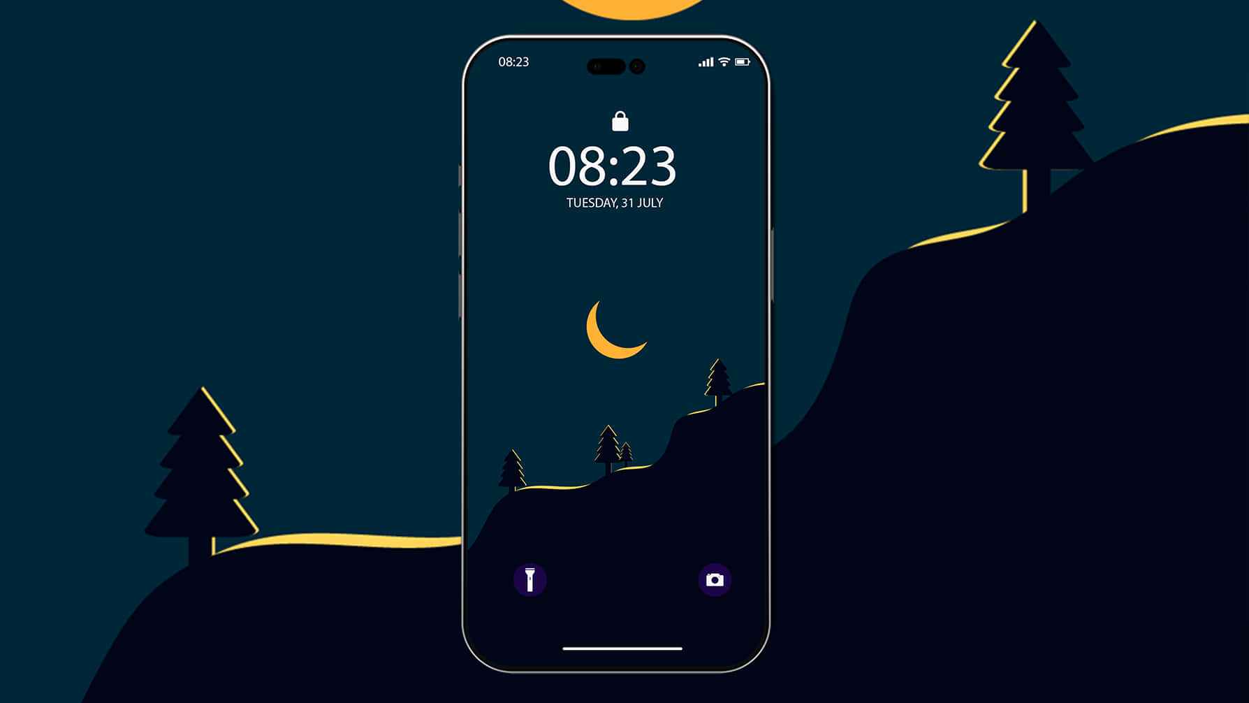 Minimal iPhone 桌布 壁紙 — 智慧型手機顯示夜間鎖定螢幕，在發光的黃色天空下，新月和松樹映襯著黑暗的山丘。
