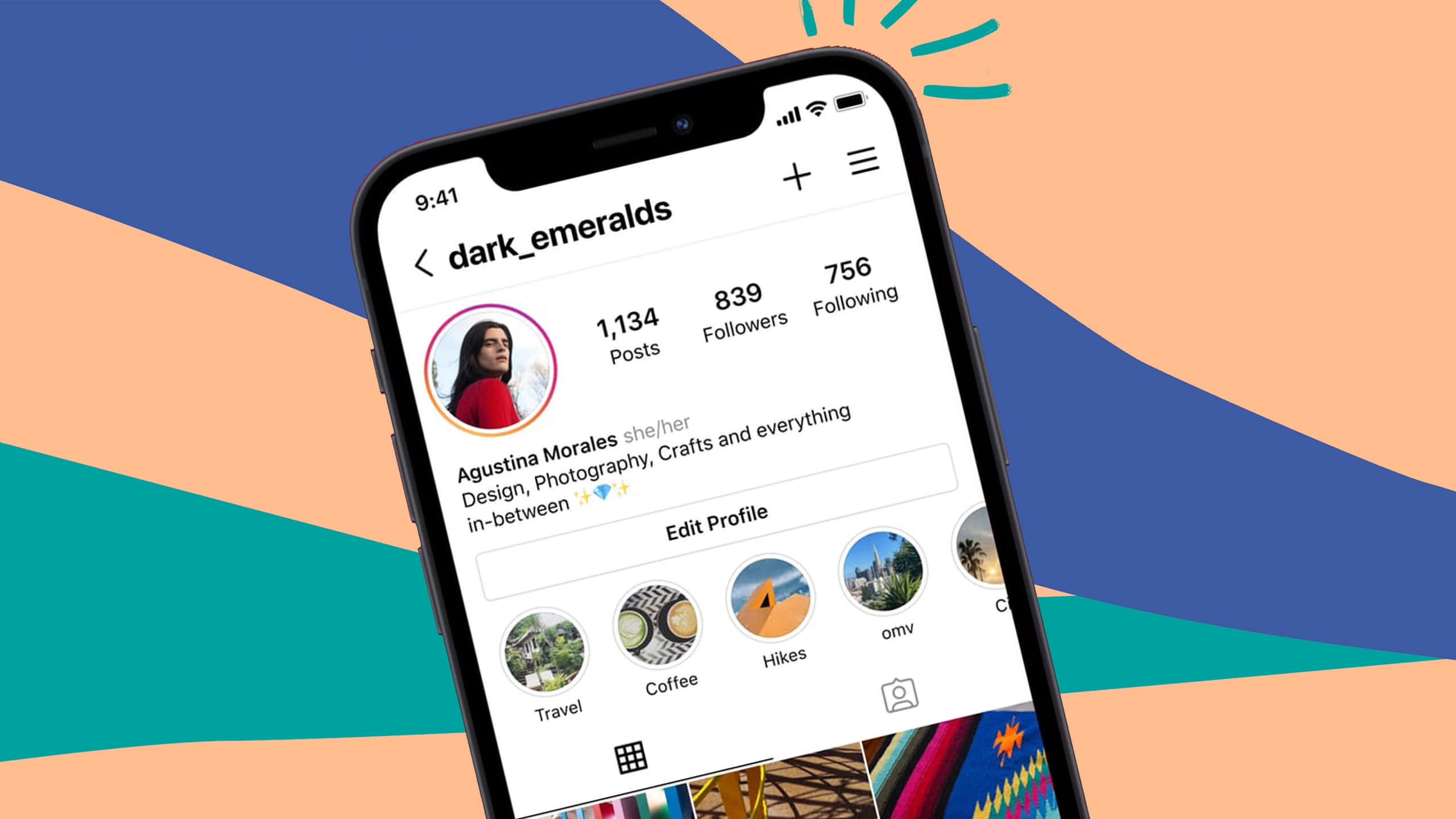 Instagram 桌布 壁紙 — 智慧型手機顯示帶有彩色抽象背景形狀的Instagram個人資料。