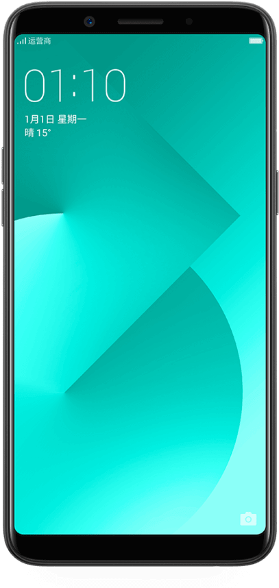 Oppo Mobile 桌布 壁紙 — 智慧型手機顯示帶有抽象幾何形狀和顯示01:10的數字時鐘的藍綠色漸變桌布。