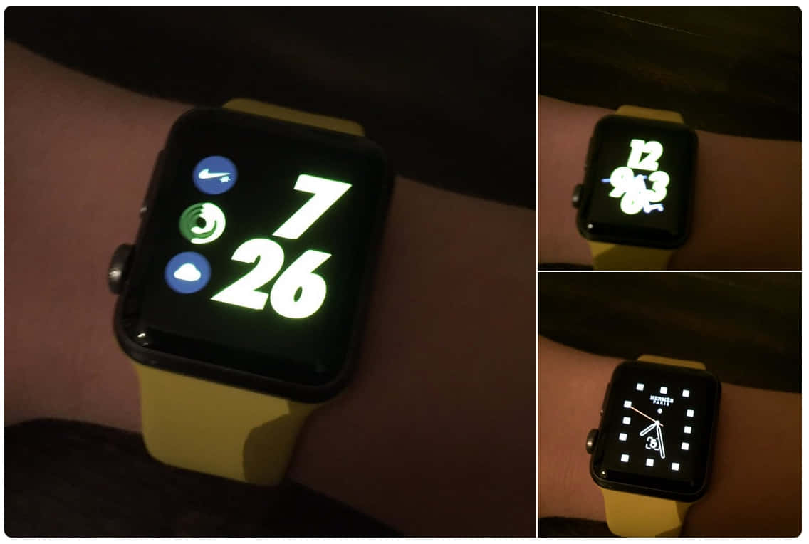 黃色錶帶智慧手錶在手腕上顯示數位和指針時間。 — Apple Watch 動態 壁紙